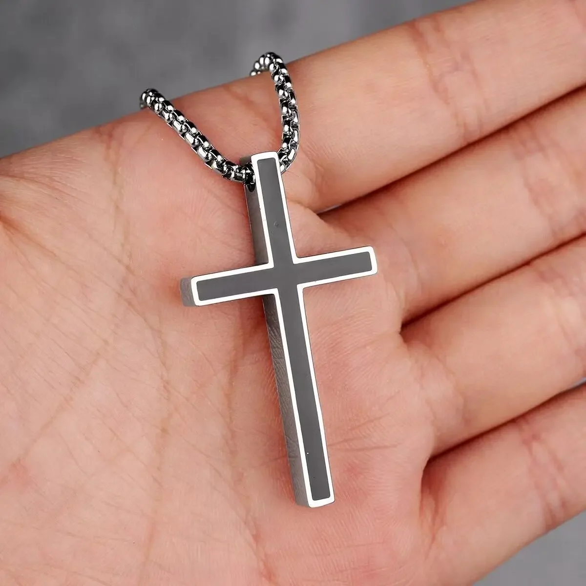 Stainless steel cast fashionable black cross men's necklace with black leather rope chain