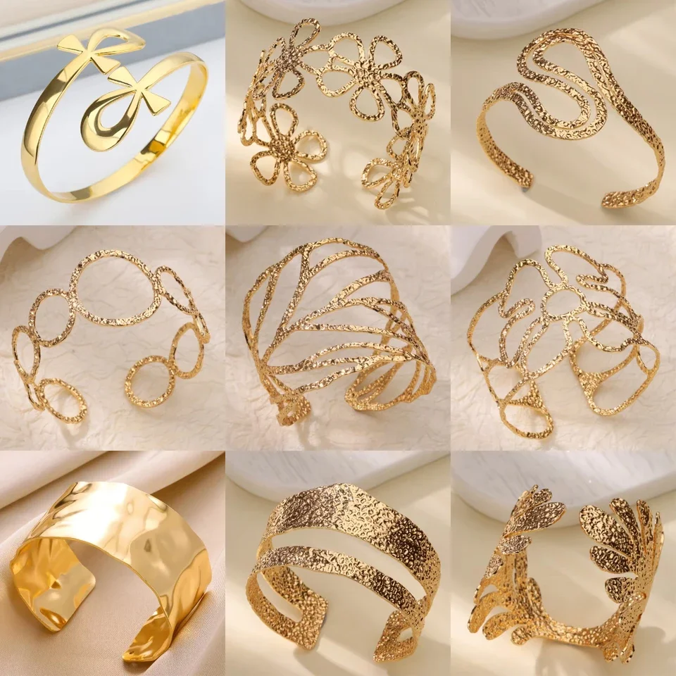 

Gold Geometric Flower Leaf Bangle for Women Men Aesthetic Opening Bracelet Femme Jewelry