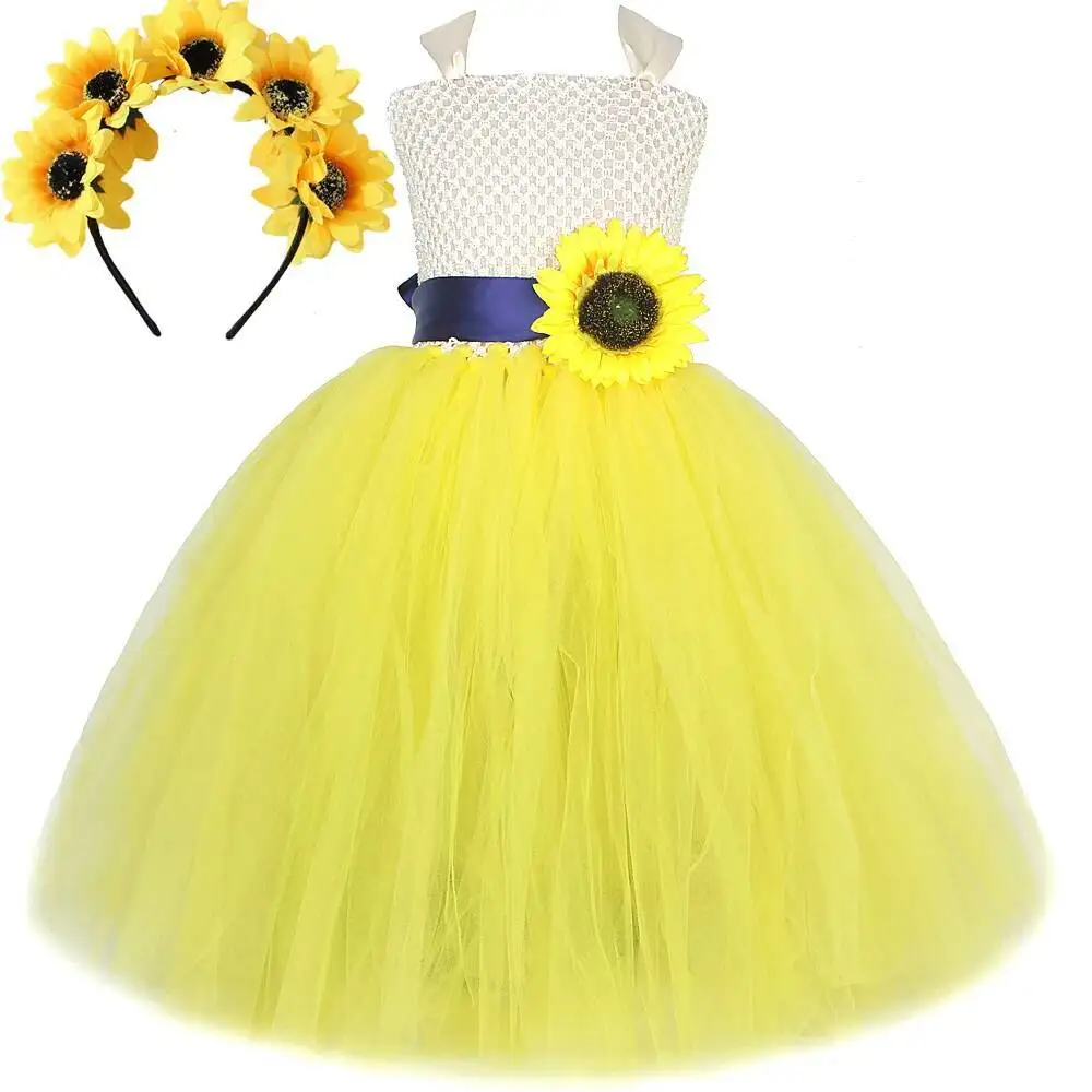 Sunflowers Long Tutu Dress for Girls Thanksgiving Holiday Costumes for Kids Carnival Halloween Fancy Outfit with Flowers Hairbow