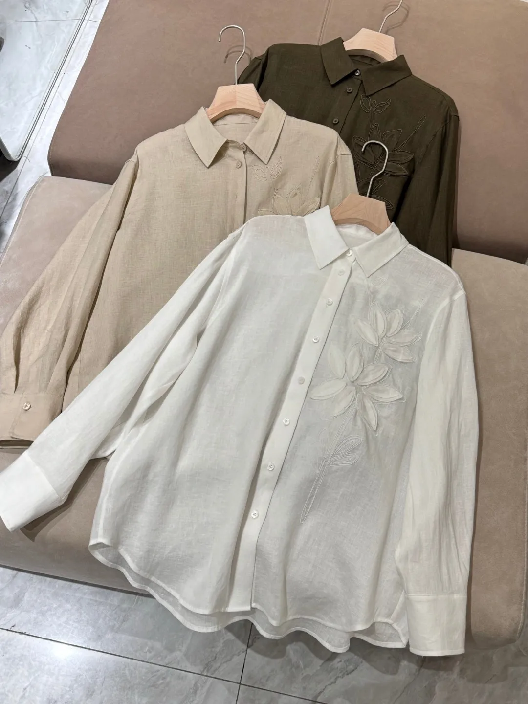 

Women's versatile solid color linen embroidered long sleeve shirt