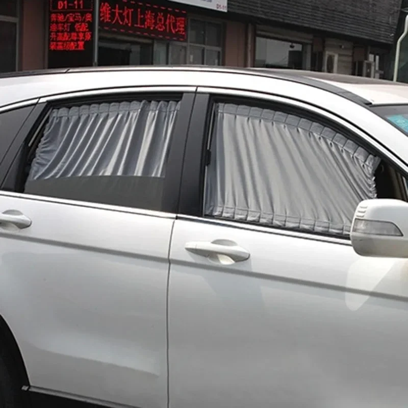 Aluminum Rails Shrinkable Car Front Rear Windows Sun Shade Visor Sunshade Curtain - Gray (Pack of 2)