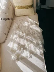 Lingzhiwu French Design Irregular Eyelash Lace Cake Skirt Holiday Long Skirts Elegant Ladies Light Champagne New Arrival