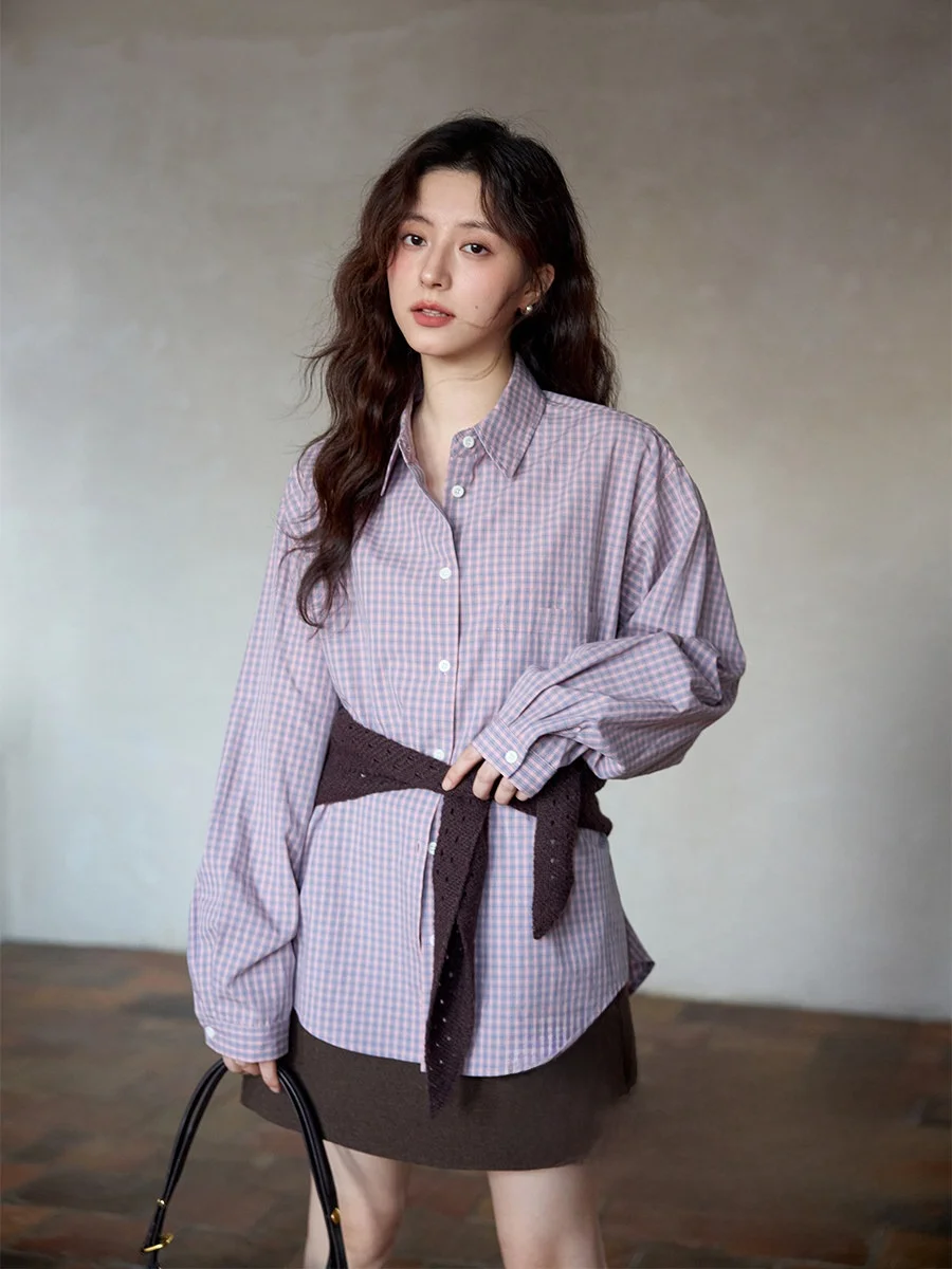 

Ele Pink Plaid irt Korean Sle Top Casual Faion Age-Defng Long Sve Cotton Women's irt Collar Loose Fit