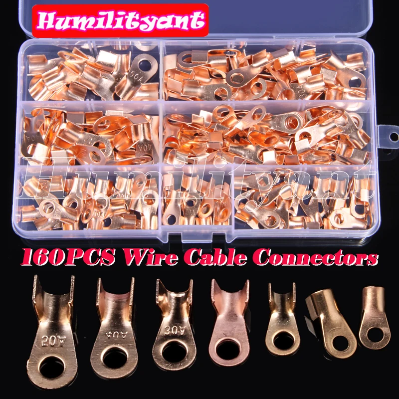 

160PCS OT Terminals 10/20/30/40/50A Splice Wire Copper Battery Cable Connectors Open Wire Lug