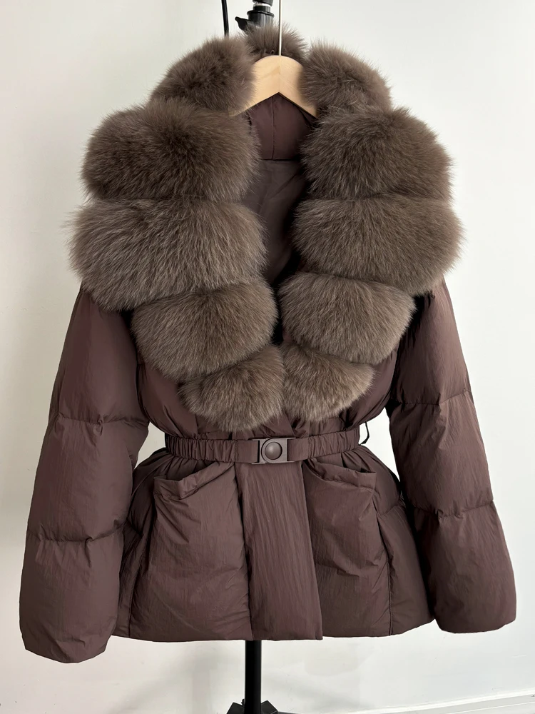 Lagabogy 2025 Large Real Fox Fur Winter Belt Waist-Tight Elegant Warm 90% White Duck Down Jacket Female V-neck Loose Puffer Coat