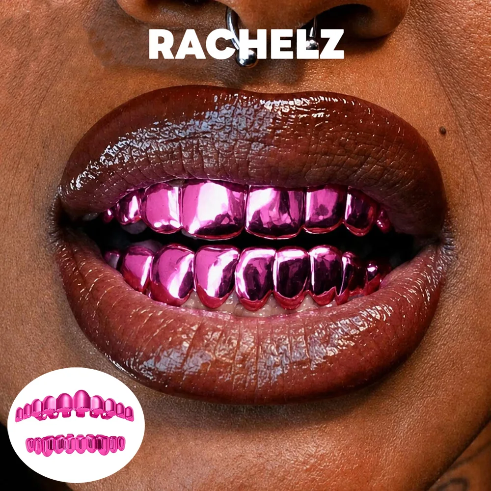 RACHELZ Sweet Cool 6/8/10 Mirror Pink Color Grillz Teeth Set Hip Hop Glossy Tooth Caps For Women Men Jewelry Dental Grills