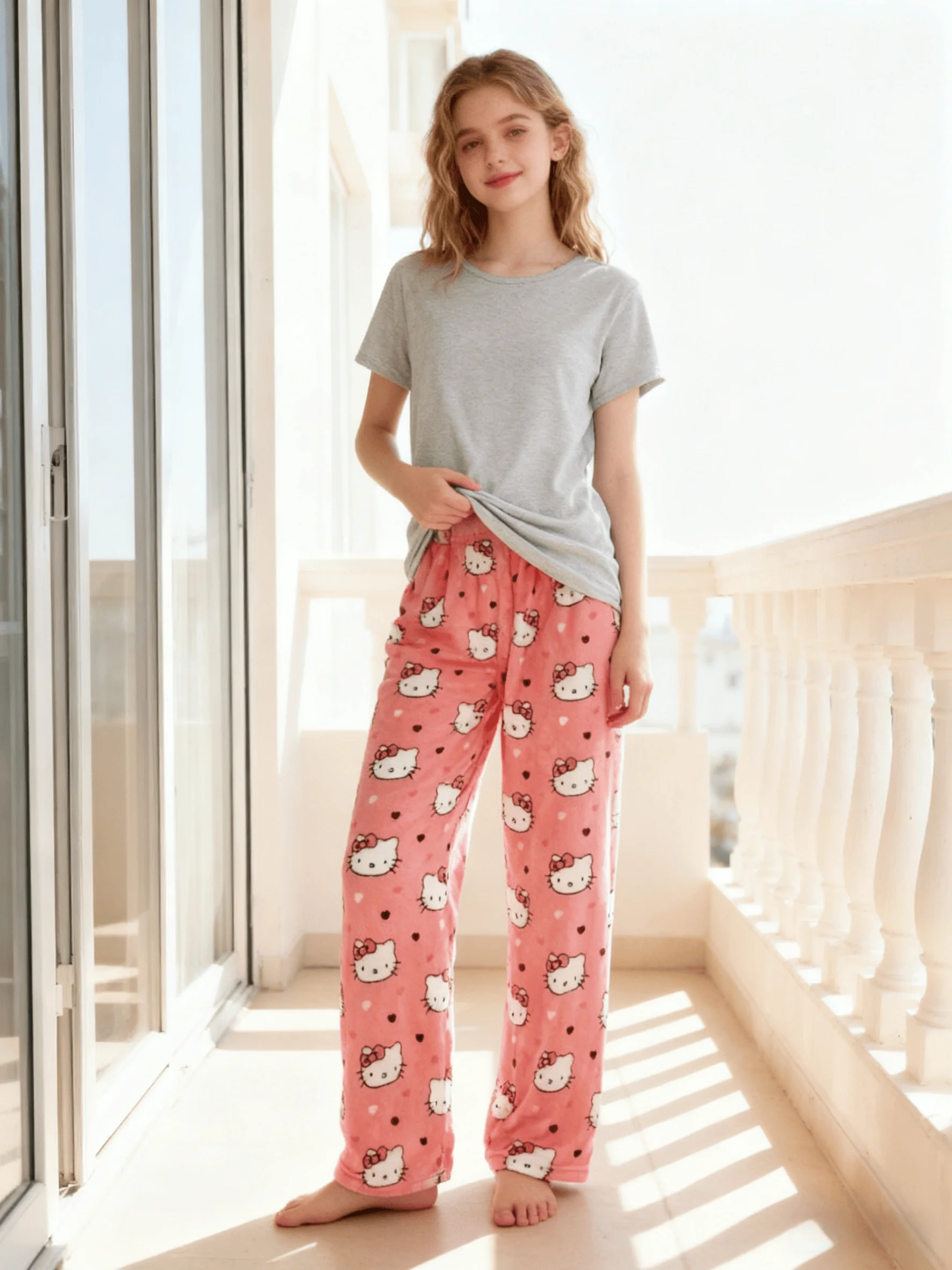 Y2K Hello Kitty Flannel Pajama Pants Cartoon Anime Print Comfy Loungewear Matching Couples Sleepwear Cute Gift view 5