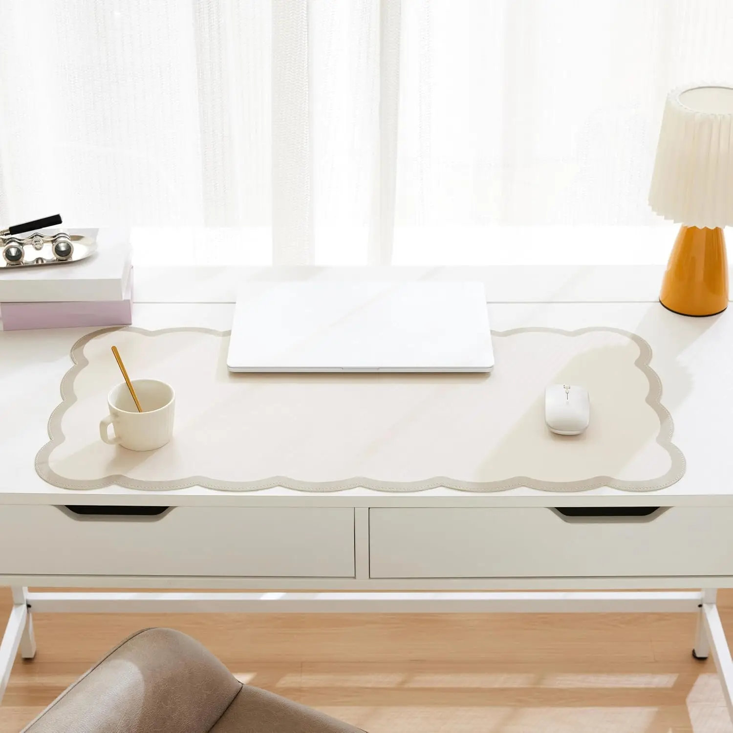 Scalloped Desk Mat 31.5x15.7 Large PU Leather Mouse Pad for Work Home Decor Beige view 2