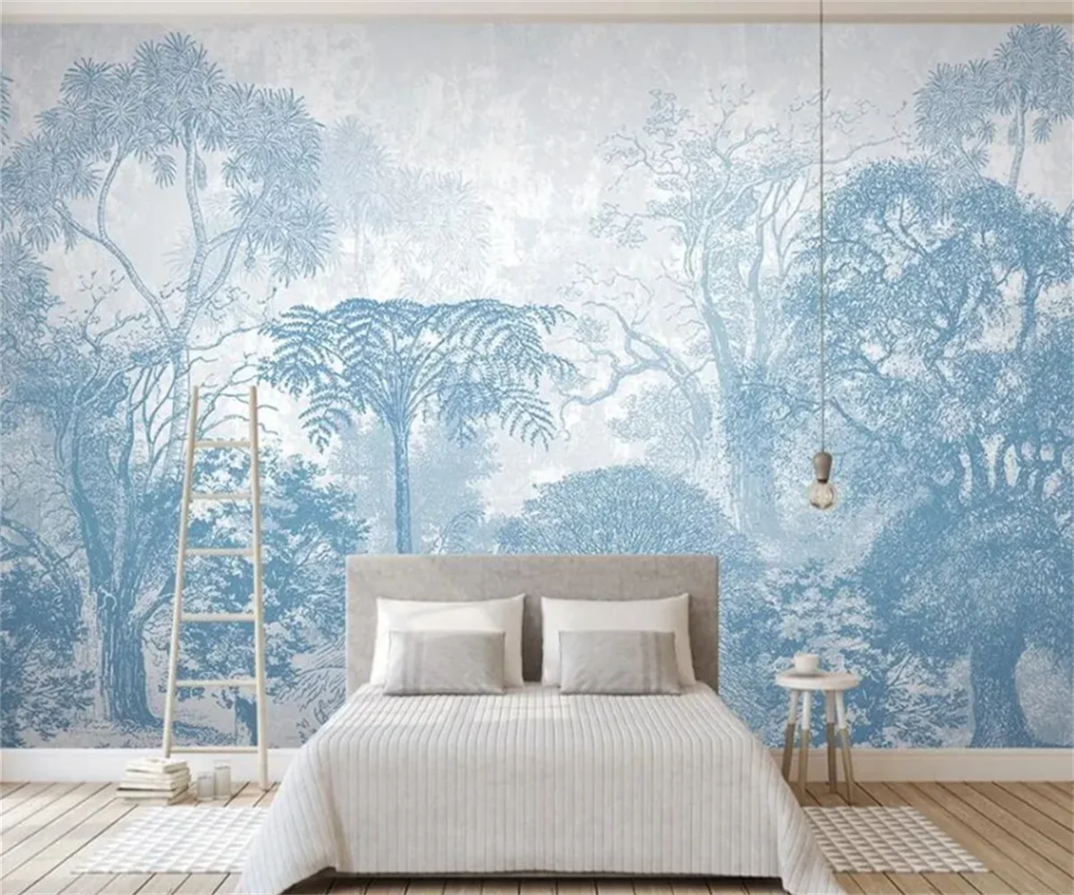Custom Wallpaper Mural 3D Nordic Hand-Painted Blue Forest Animal Modern Decoration Forest Retro 3D Wallpaper Tapestry