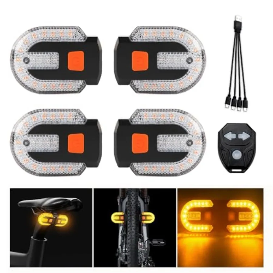 4Pcs Turn Signals for Bicycles with Alarm, USB Charging Remote Control Split/Integrated Bike Tail Light 5 Modes Waterproof Stro