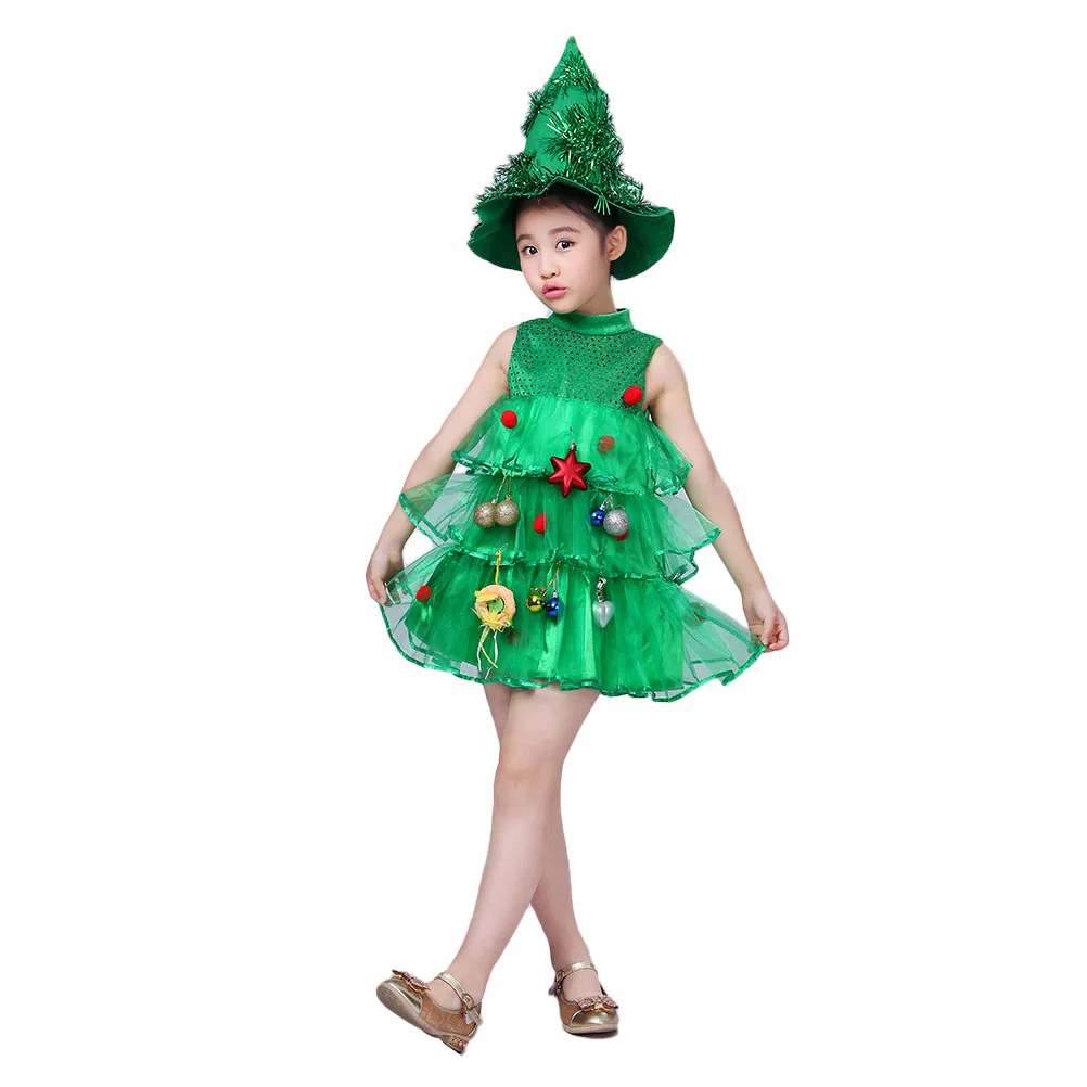 

Christmas Tree Costume Kids Cartoon Performance Costumes Green Hat Dress Outfit Durable Quality Stage Show Wear Holiday