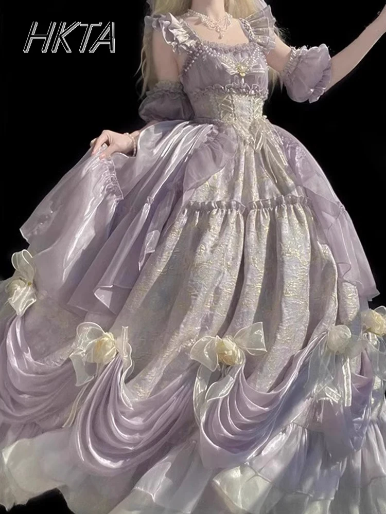 Lolita Elegant Flying Sleeve Shoulder Purple Birthday Evening Dress Women Summer New Gorgeous Student Day Princess Long Dress\