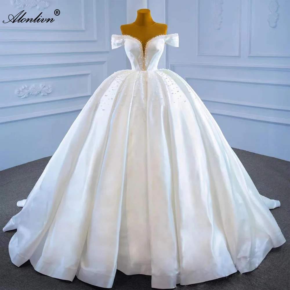 Alonlivn CUSTOM MADE A-Line Wedding Dress With Off Shoulder Sleeves Beading Pearls Satin Bridal Gown