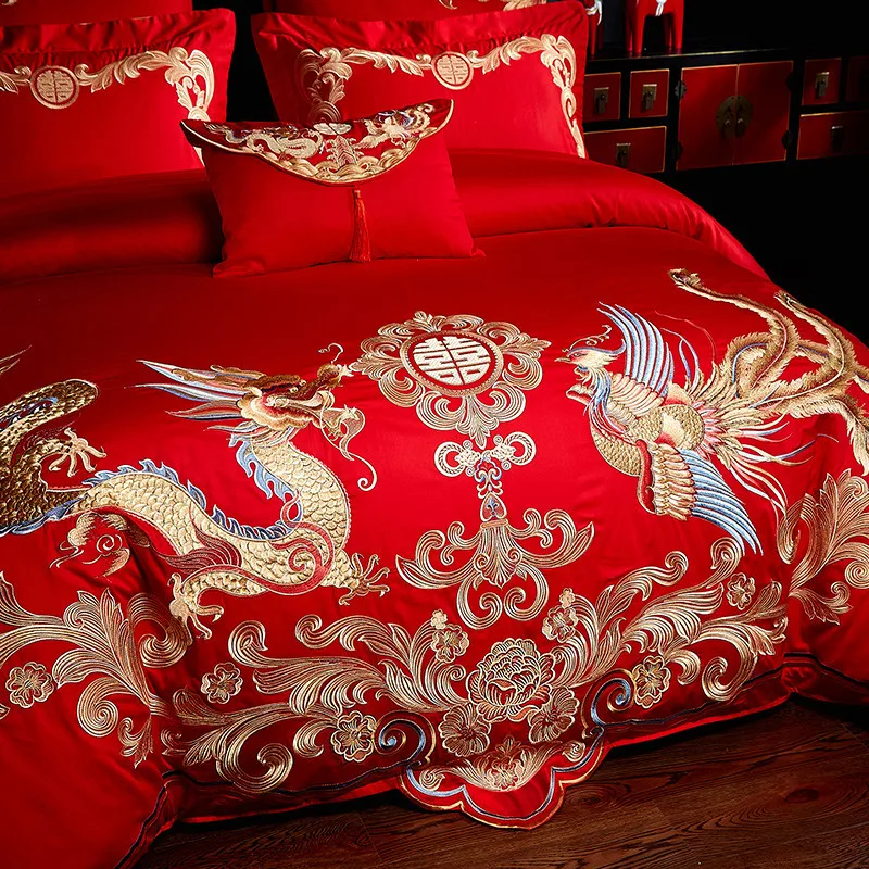 Red Egyptian Cotton Bedding Sets Luxury Golden Loong Phoenix Embroidery Bed Set Chinese Wedding Duvet Cover Bed Sheet Pillowcase