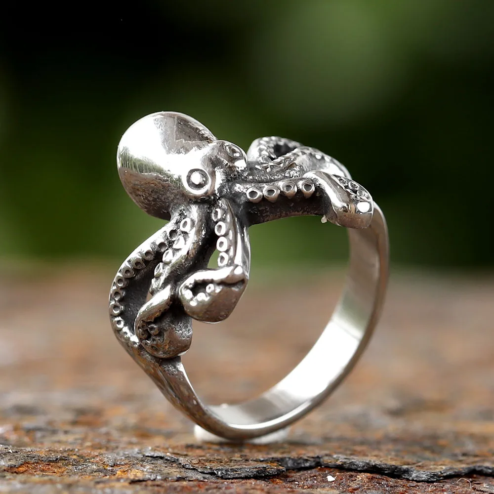 2024 New 316L Stainless Steel Vintage COOL Octopus Ring With Patterns Gothic For Men Women Punk Motorcycle Jewelry Party GIFT