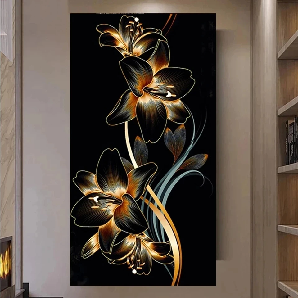 Pittura diamante fai da te di grandi dimensioni oro e giglio nero Kit mosaico trapano completo fiori immagine cristallo diamante ricamo decorazioni