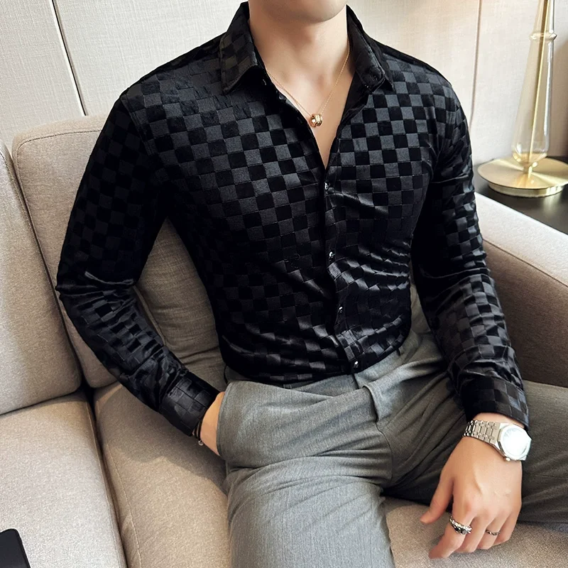 Luxury Plaid Black Velour Mens Shirts Checked Elegant Gentleman Business Work Office Wear Velvet Blouse Silver Slim Fit Clothing