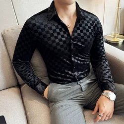 Luxury Plaid Black Velour Mens Shirts Checked Elegant Gentleman Business Work Office Wear Velvet Blouse Silver Slim Fit Clothing