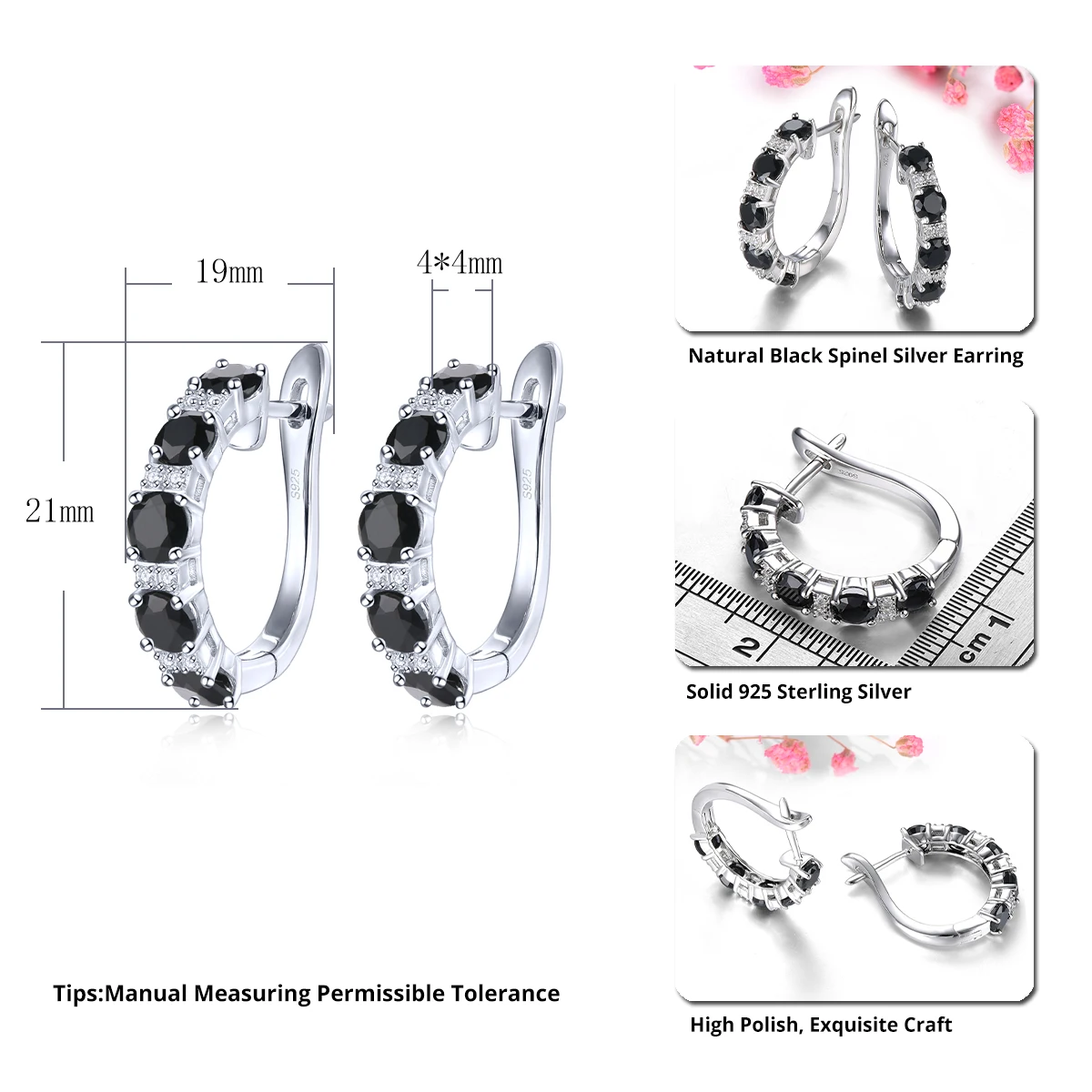 Natural Black Spinel Sterling Silver Hoop Earring 3 Carats Genuine Spinel Faced Round Classic S925 Fine Jewelrys Party Gifts