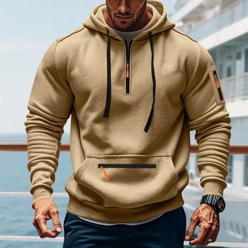 Fashion men\'s brand spring Autumn solid color sports hoodie retro Harajuku multi-pocket zipper casual loose long-sleeved pullove