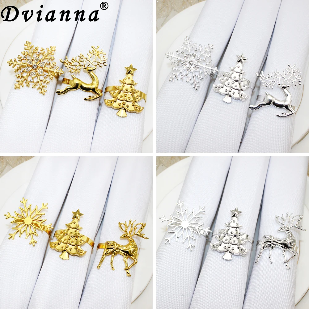 

6Pcs Christmas Napkin Ring Gold Silver Snowflake Deer Xmas Tree Napkin Holder for Wedding Christmas Dinning Table Decorations