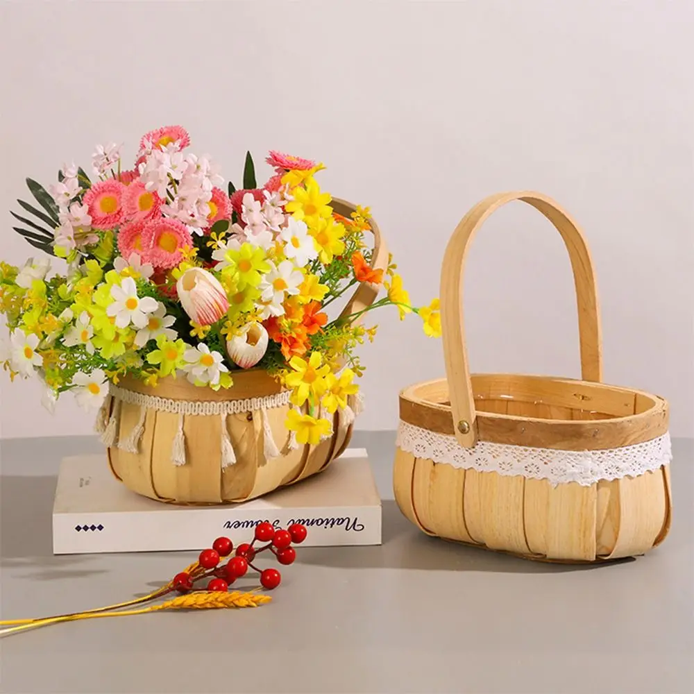 Creative Wood Braid Flower Baskets Lace Tassel Sturdy Storage Baskets with Handle Hand-Woven Packaging Gift Basket Event