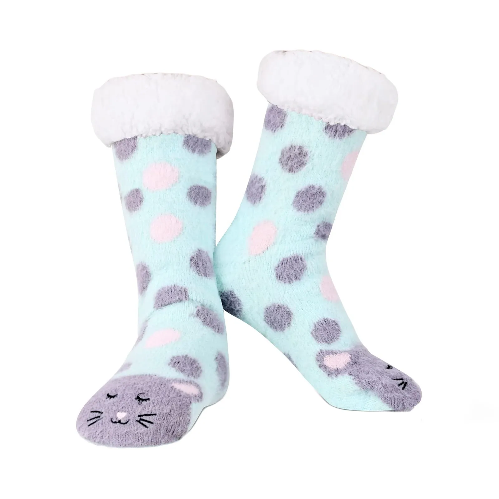 Fuzzy Slipper Socks Cozy Warm Cute Animal Cat Extra Large Sock Lime Dress Socks