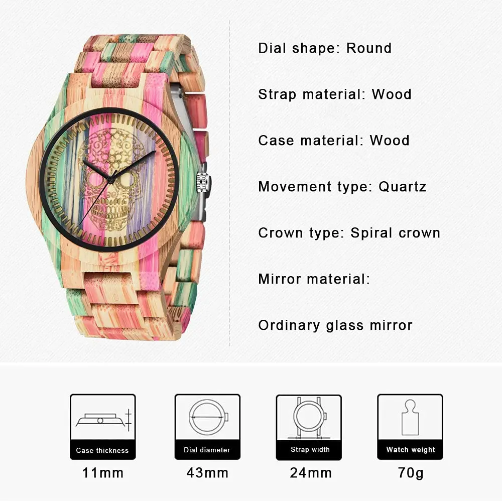 Reloj de cuarzo de madera con patrón de calavera colorida para hombres y mujeres, accesorios de moda urbana de negocios, reloj de madera