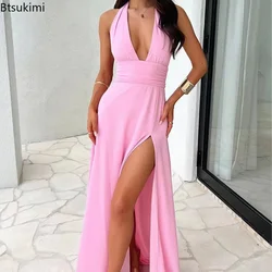 Neck-mounted Long Dress for Women 2024 Sexy Streetwear Sleeveless Bandage High Slit Backless Maxi Dress Ladies Banquet Chic Gown