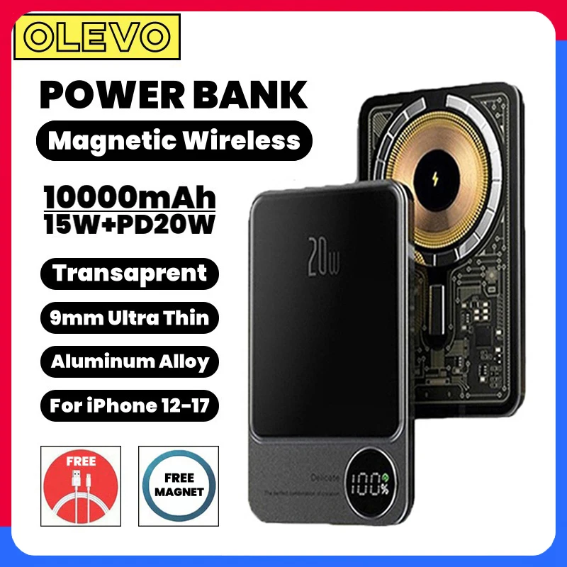 

10000mAh Transparent Macsafe Powerbank Magnetic Wireless 20W Fast Charging External Battery For iPhone Xiaomi Samsung Power Bank