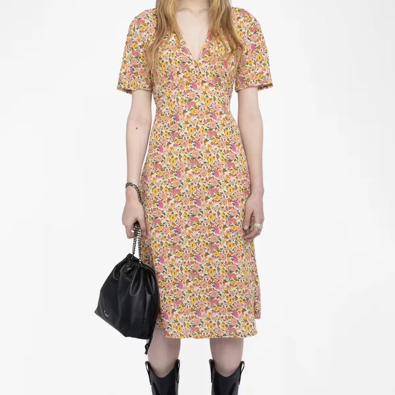 

Pink Yellow Floral Dresses Women V-Neck Short Sleeve Jupes Ladies Loose Viscose Robes Zadig Female Dresses 2025 Summer New Jupes