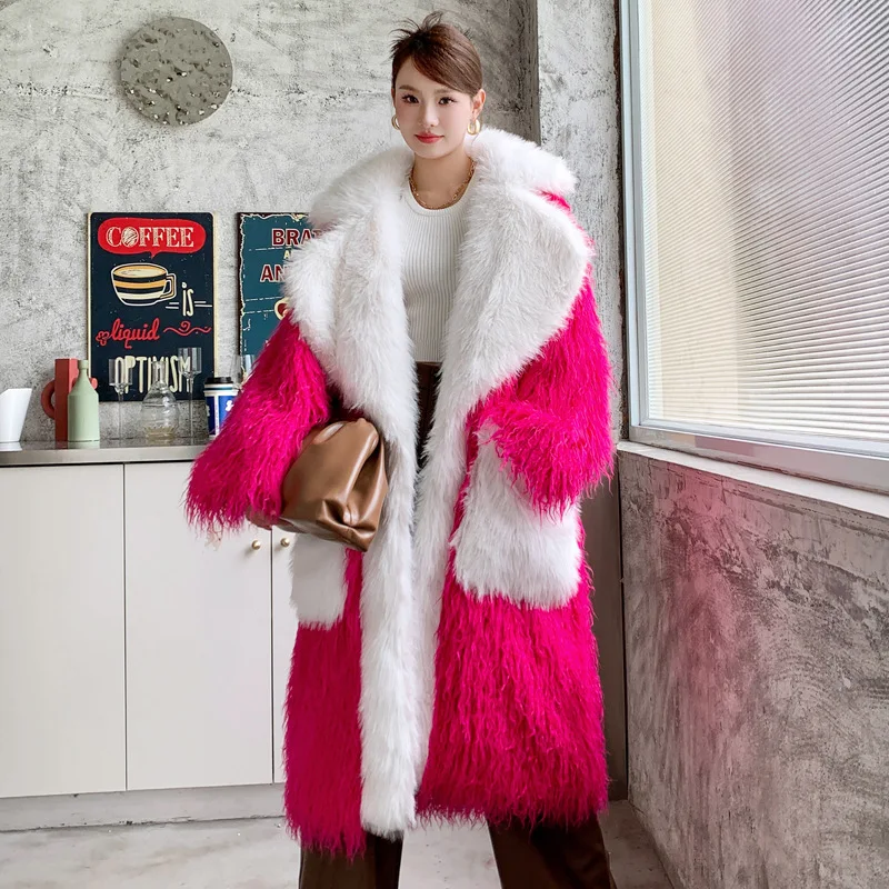 Women Faux Fur Long Jackets Splice Loose Turn Down Collar Pocket Full Sleeve Thick Warm Elegant Y2k Streetwear Autumn Winter