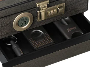 Zigarre-Humidor, Glas-Desktop-Box mit digitalem Thermo-Hygrometer, Luftbefeuchter, Trennwand, Zubehör, Schublade und Zahlenschloss – Detail 6