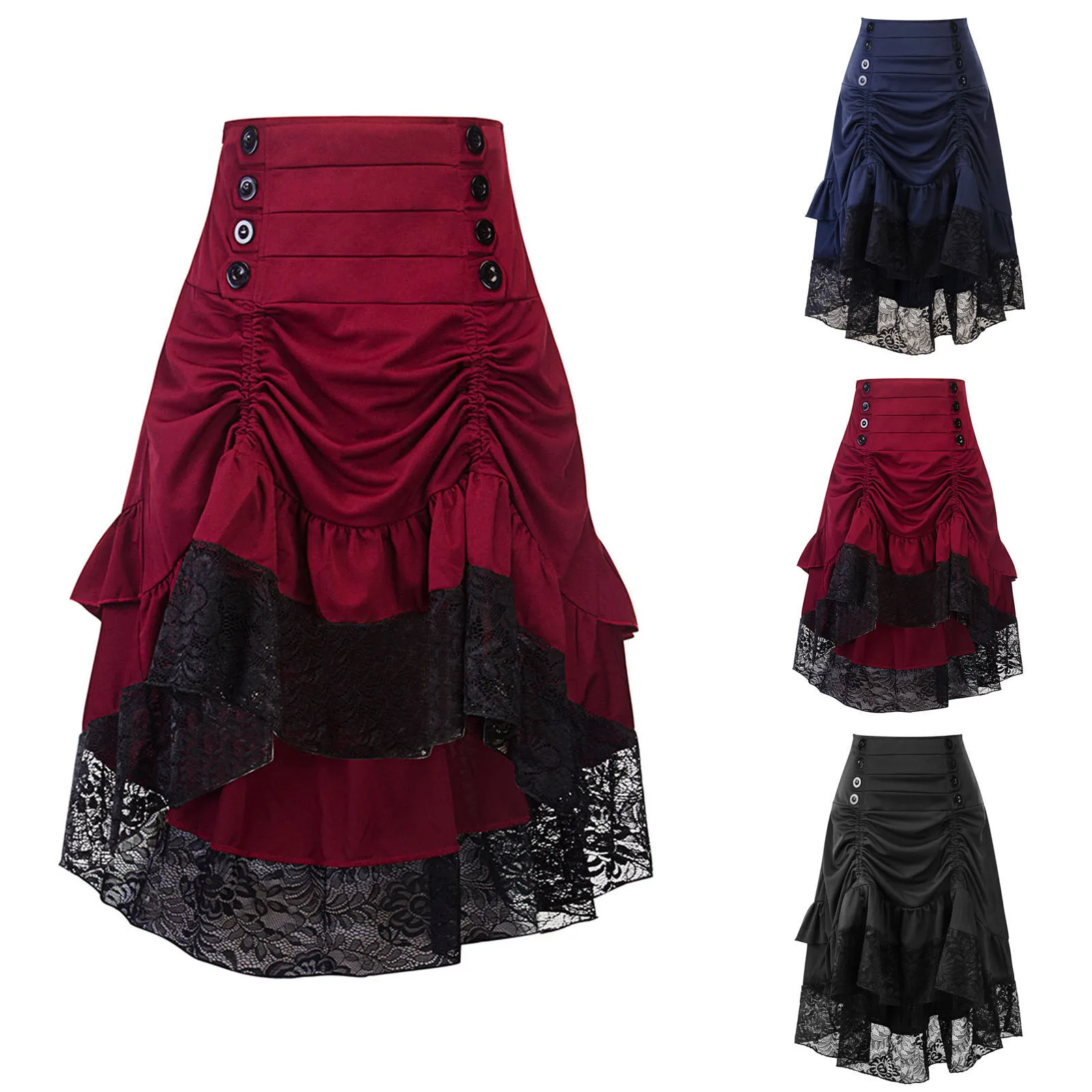 Costumi Steampunk gonna gotica pizzo abbigliamento donna High Low Ruffle Party Lolita rosso medievale vittoriano Punk Skater Button Front