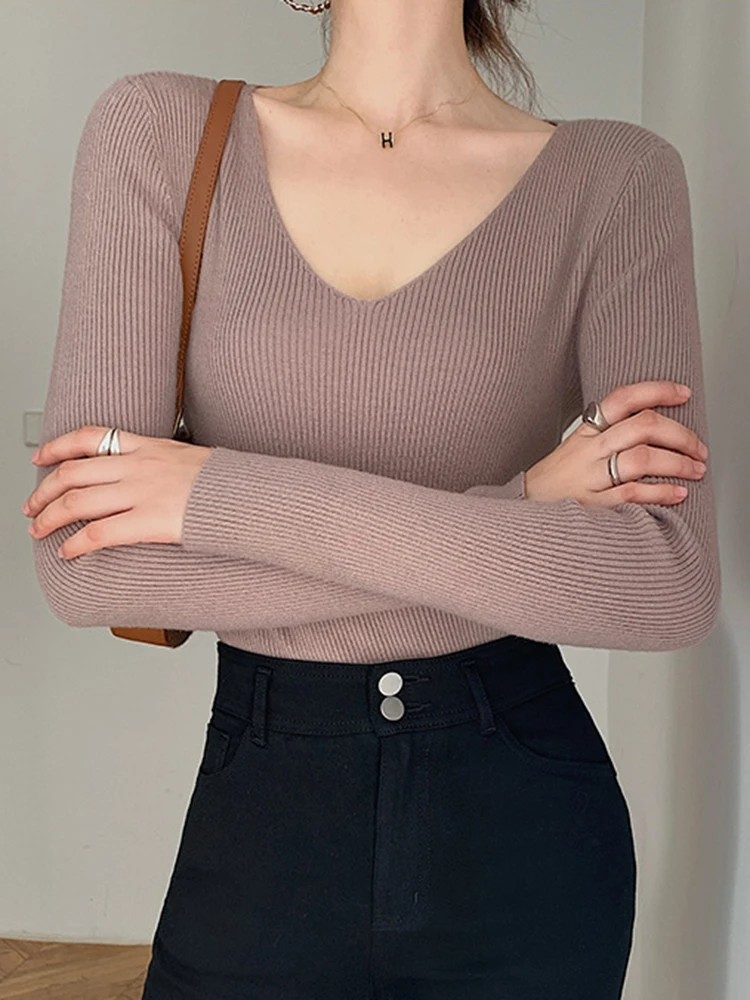 Spring Autumn V Neck Women Sweater Casual Long Sleeve Slim-fit Tops Knitted Pullover Sweaters Femme Basic Solid Pull Clothes