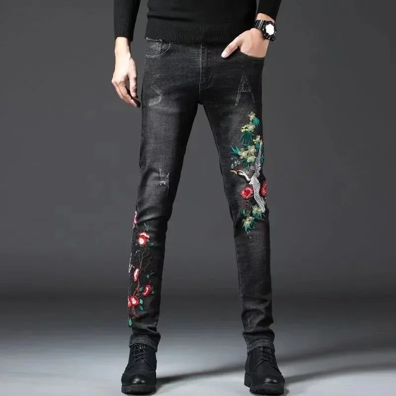 High Quality Men’s Classic Style Stretch Denim Pants,Chinese Dragon Embroidery Decors Slim Jeans,Scratches Street Fashion Jeans;