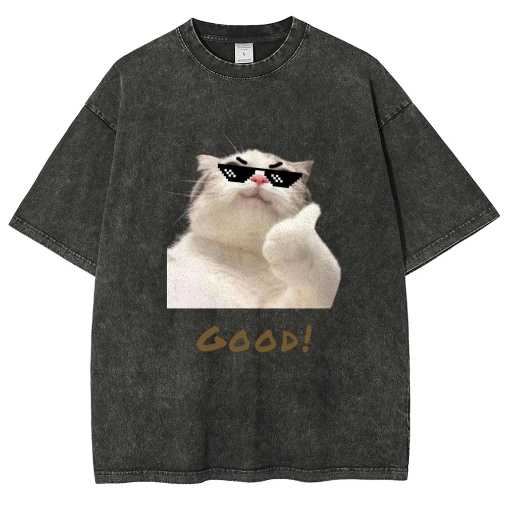 Sunglasses Kitten Fun T-Shirt Washed Cotton Casual Wear Summer Unisex Loose Crew Neck Short Sleeve New Fashion Party Clothing