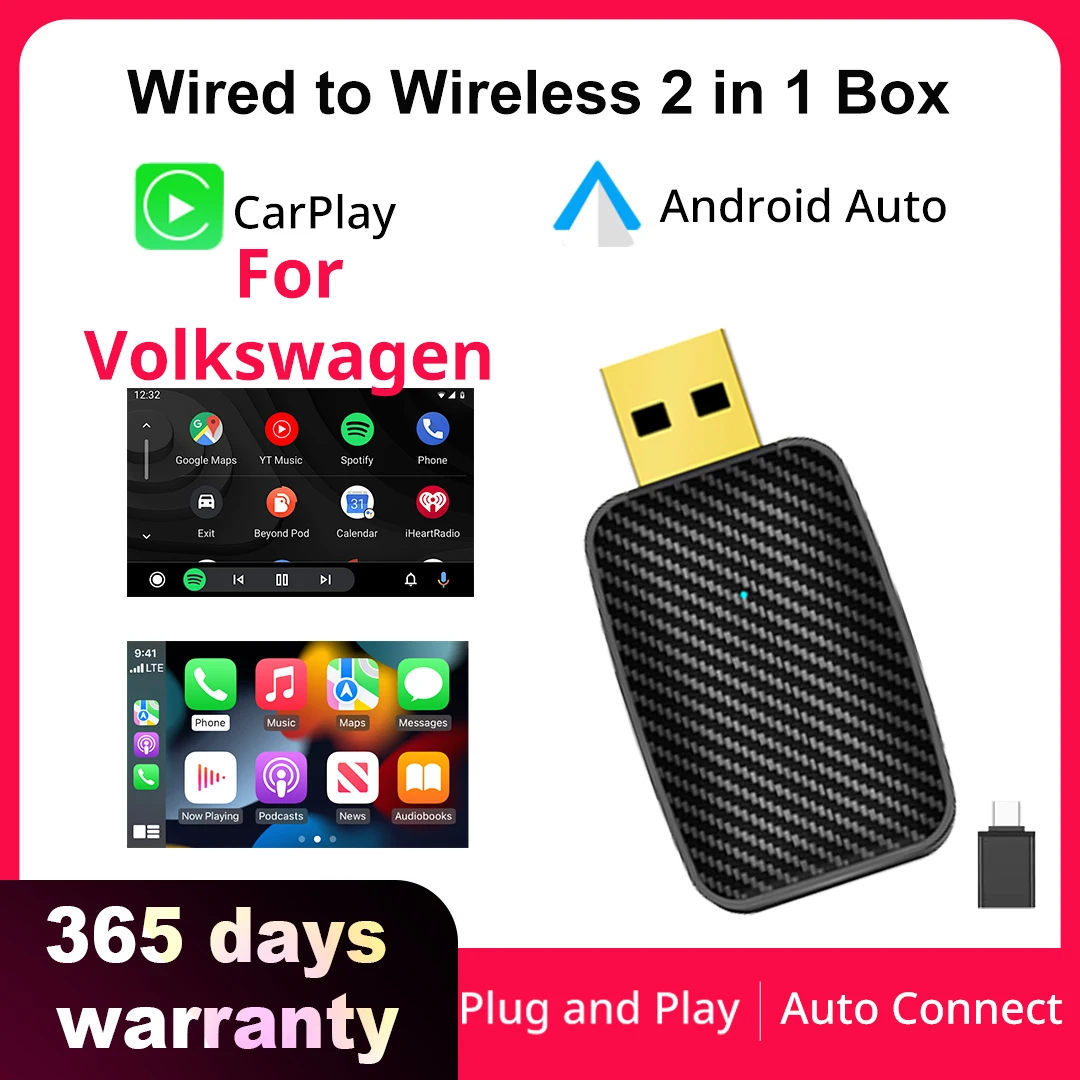 2024 NEW 2in1 Wireless Android Auto Adapter Carplay Wireless For Volkswagen Tiguan Jetta ID.4 ID.5 Golf Atlas Taos Arteon