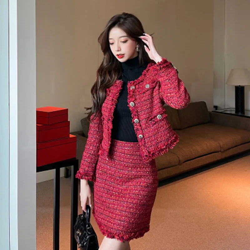 Autumn Winter Red Wool Tweed 2 Piece Set Women Golden Single Breasted Long-Sleeved Jacket Coat + Tassel Mini Skirt Suit