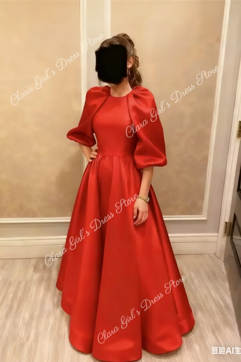 

Elegant Satin Flower Girl Dress A-line Balloon Sleeve Prom Evening Ball Gown Wedding Party Bridesmaid Dresses