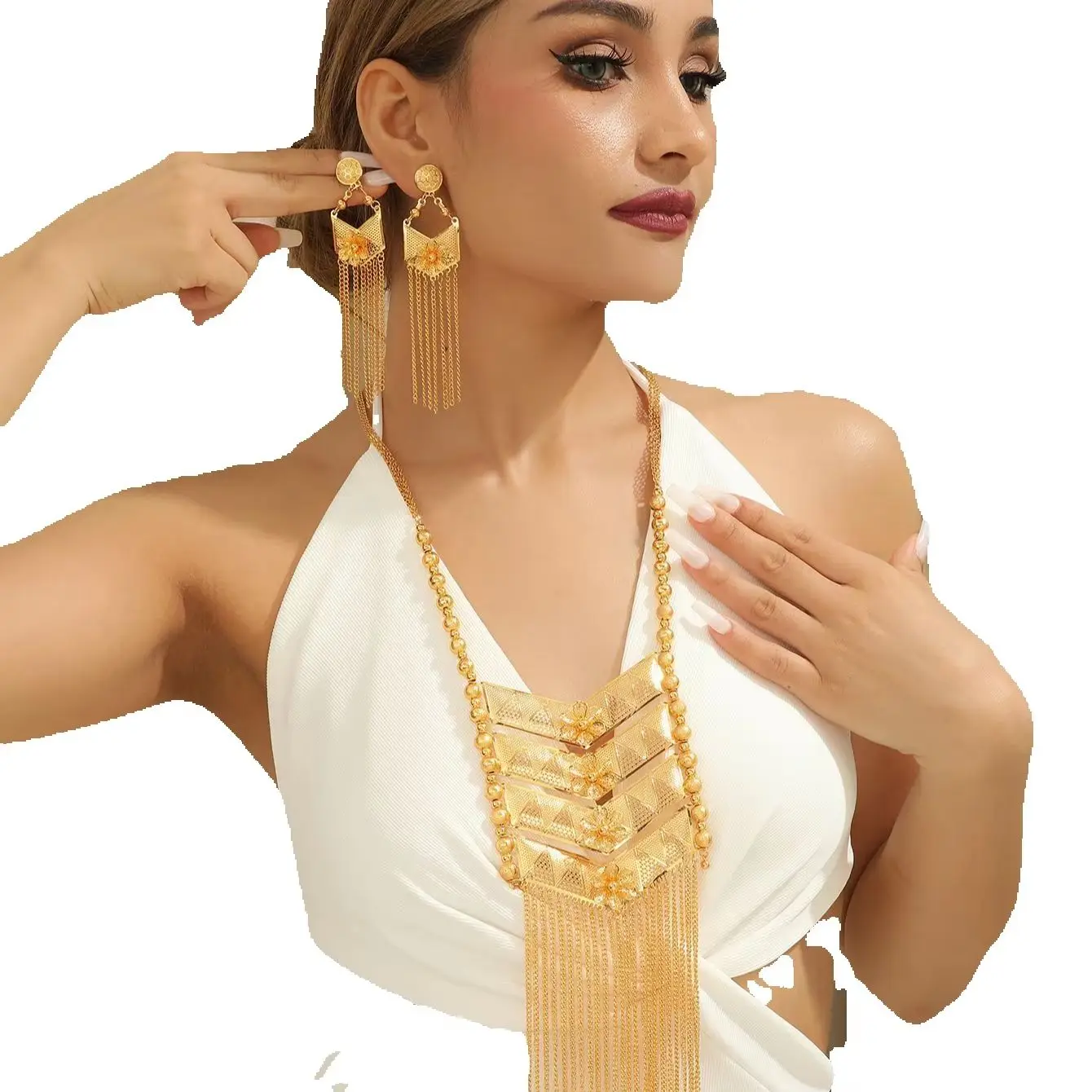 New Dubai 24K Gold Plated Alloy Necklace Earrings for Women's Jewelry Set DD10265 view 4