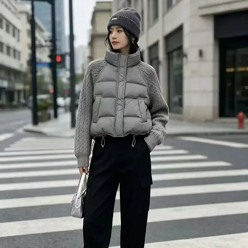 Winter 2026 New Down Cotton Parkas Jacket Women Knit Sleeve Spliced Stand Collar Thick Warm Short Cotton-padded Ladies Overcoat