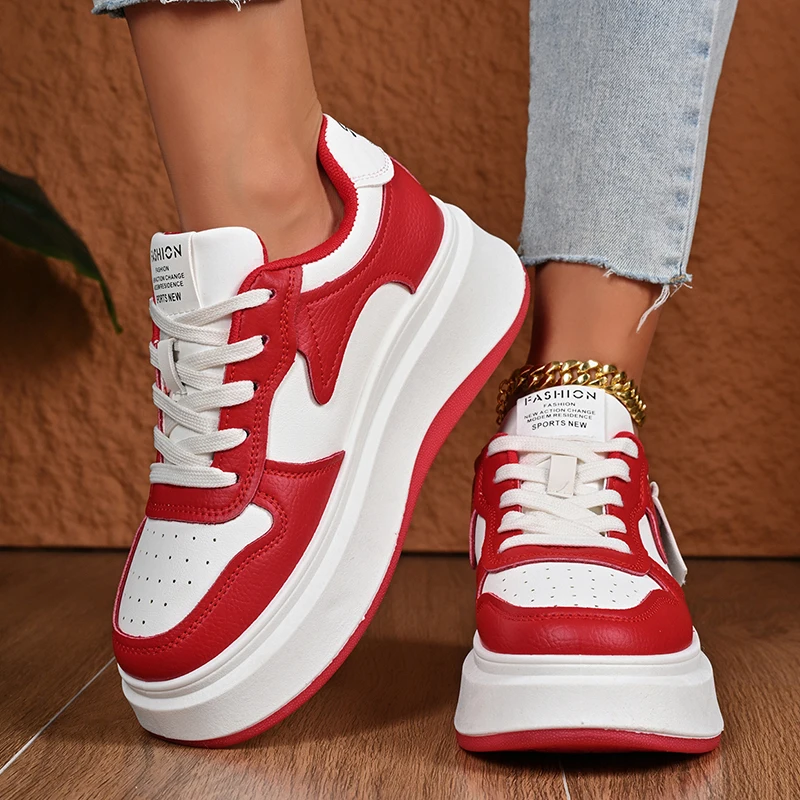 

Red Chunky Platform Sneakers for Women Fashion Lace Up Thick Bottom Vulcanizd Shoes Woman Non Slip Breathable Sports Shoes Mujer