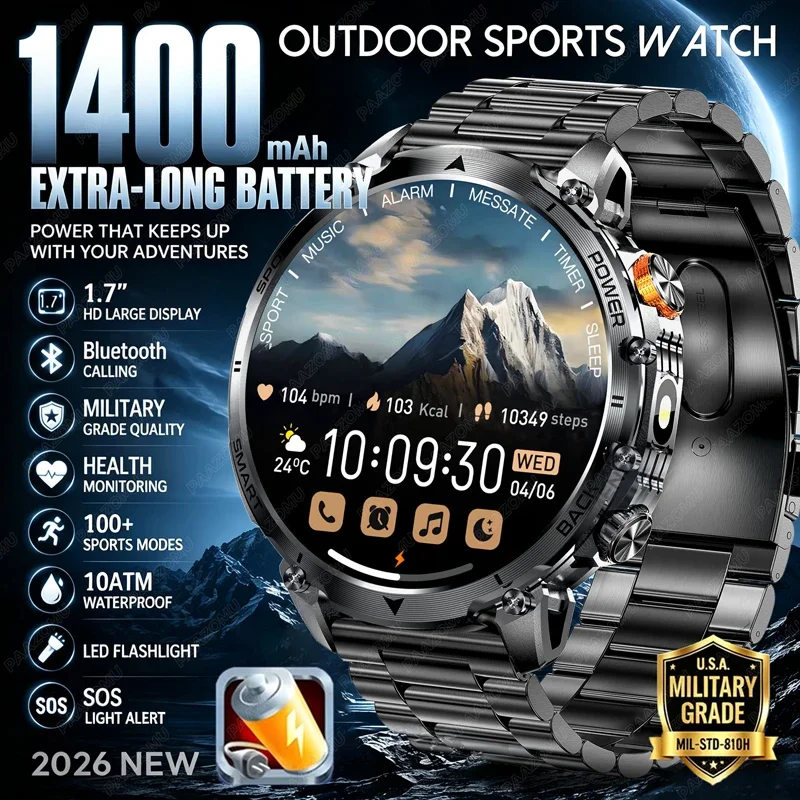2026 Men's Rugged Smart Watch 1400mAh Battery 1.7" HD Display Bluetooth Call 10ATM Waterproof Heart Rate Fitness Tracker Sport S