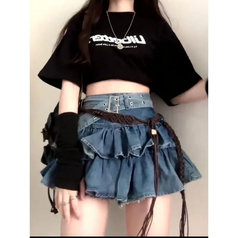 

Женская джинсовая юбка больших размеров с высокой талией, двухслойная юбка-тортик со складками и рюшами по подолу, повседневная хлопковая юбка...