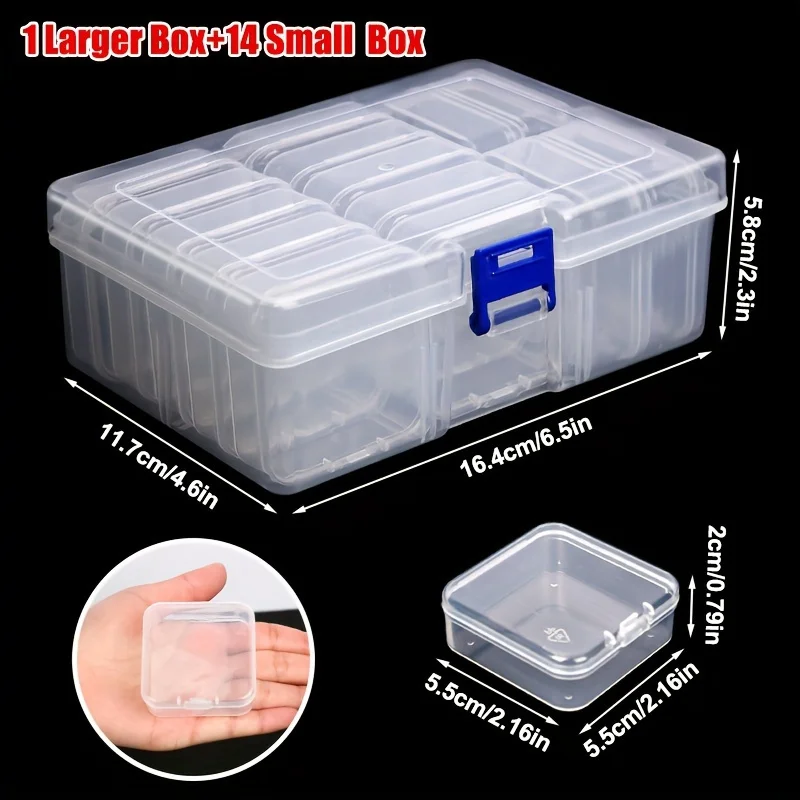 The 14-piece modular transparent storage box set, crafted from high-transparency plastic material, serves as a dedicated storage