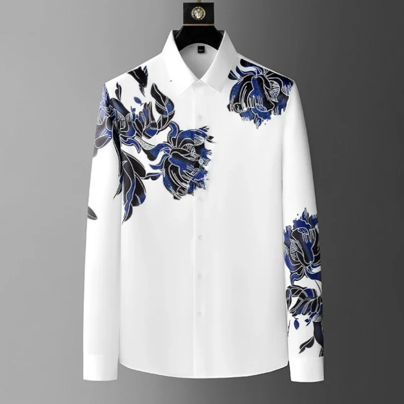 

2023 Luxury Rhinestone Flower Shirts Men Long Sleeve Slim Casual Shirts Business Social Dress Shirts Camisa Masculina