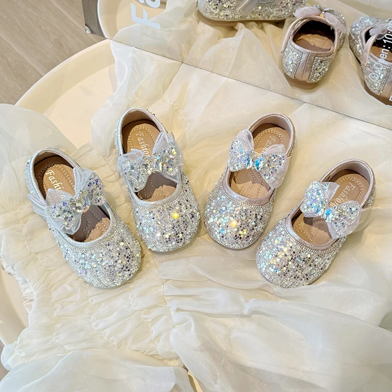 Children\'s Summer Fashion Sequined Shoes Girls Cute Rhinestone Pearl Bowknot Princess Shoes Wedding Shoes Flat Heel Sandals