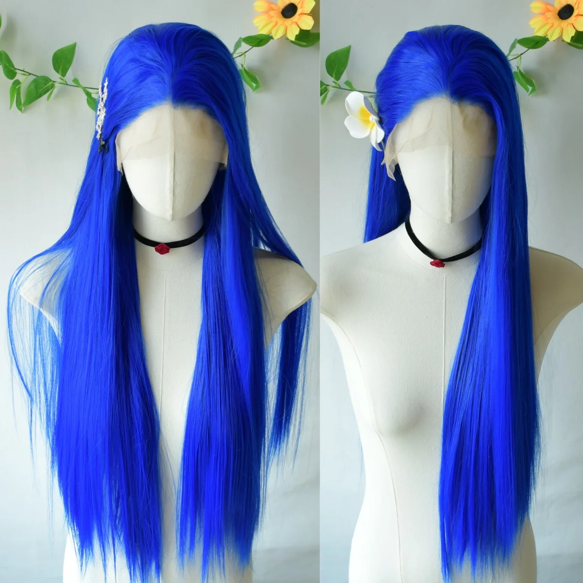 Blue Wig Bone Straight Lace Front Wig Glueless 13x4 HD Synthetic Lace Frontal Wigs for Women Pre Plucked Daily Use Cosplay