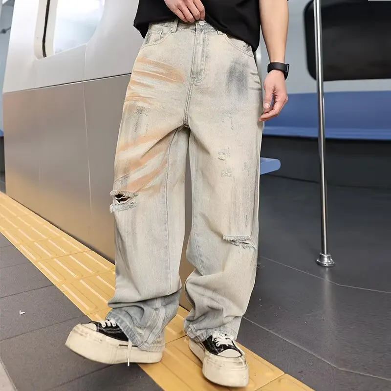 

Retro American Washed Jeans Couple Retro Loose Straight Wide Leg Pants Yellow Clay Dye Washed Vintage Hole y2k Denim Jeans